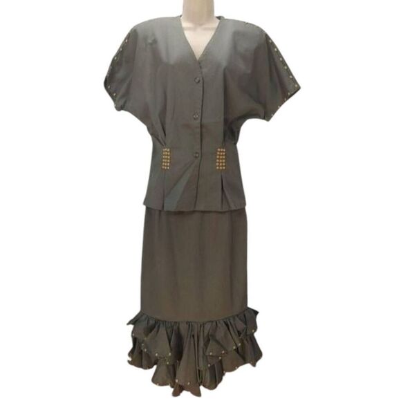 Le Monde VINTAGE Women's Size Large Petite 2 Pc Olive Skirt Set. - Picture 1 of 10